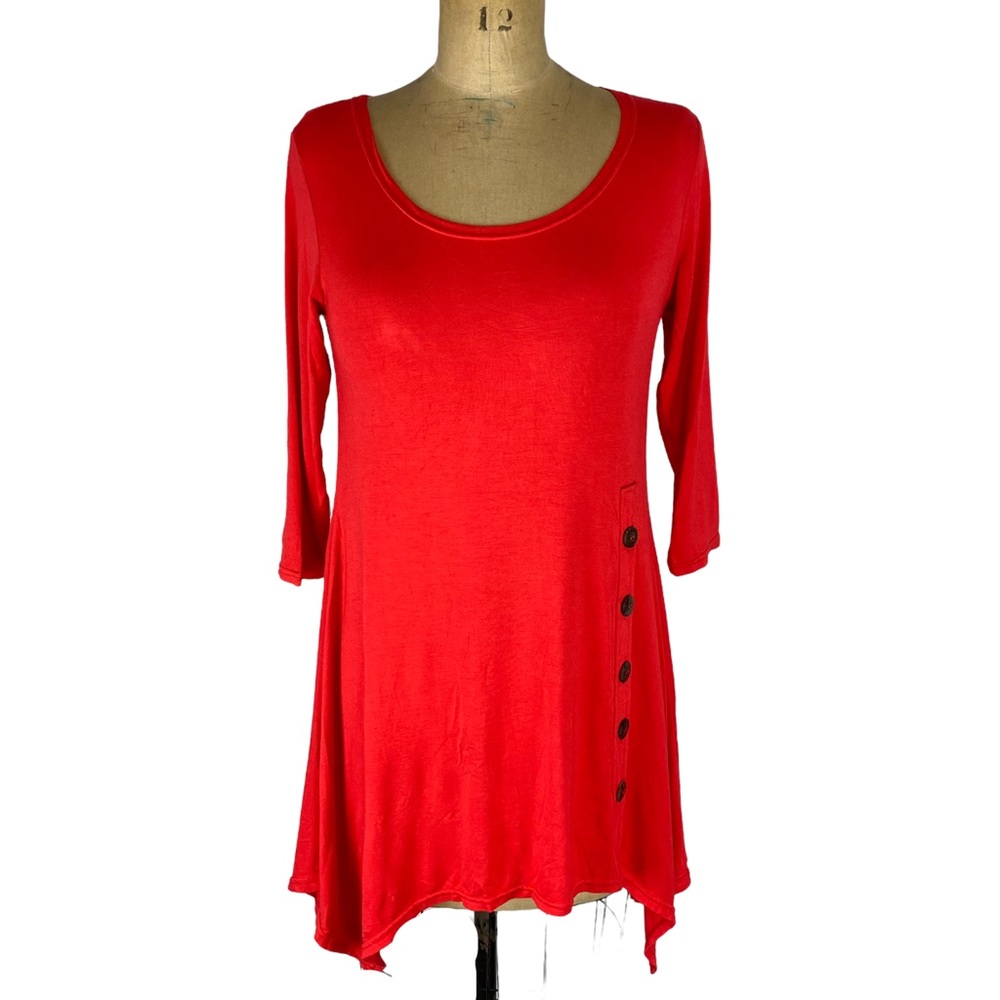 3/$30 Heathmoor Bright Red Button Detail Handkerchief Hem Swing Tunic Size S